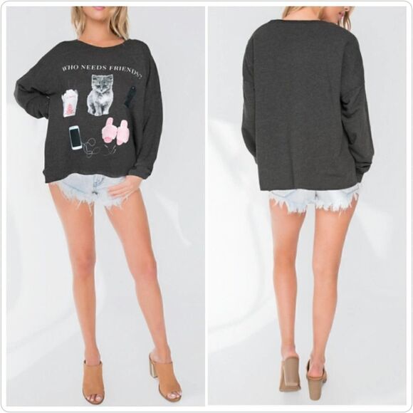 Wildfox Who Needs Friends? drop shoulder crop sweatshirt XS - Picture 2 of 10